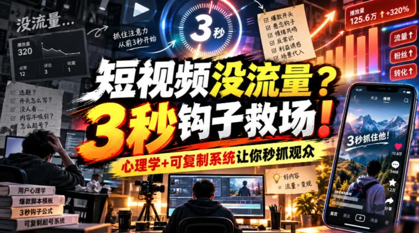 【无水印】短视频没流量?3秒钩子救场!心理学+可复制系统让你秒抓观众【原创双语字幕】-33资源网
