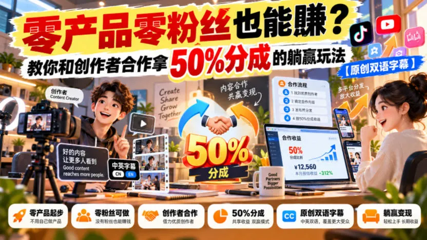 【无水印】零产品零粉丝也能賺?教你和创作者合作拿50%分成的躺赢玩法【原创双语字幕】-33资源网