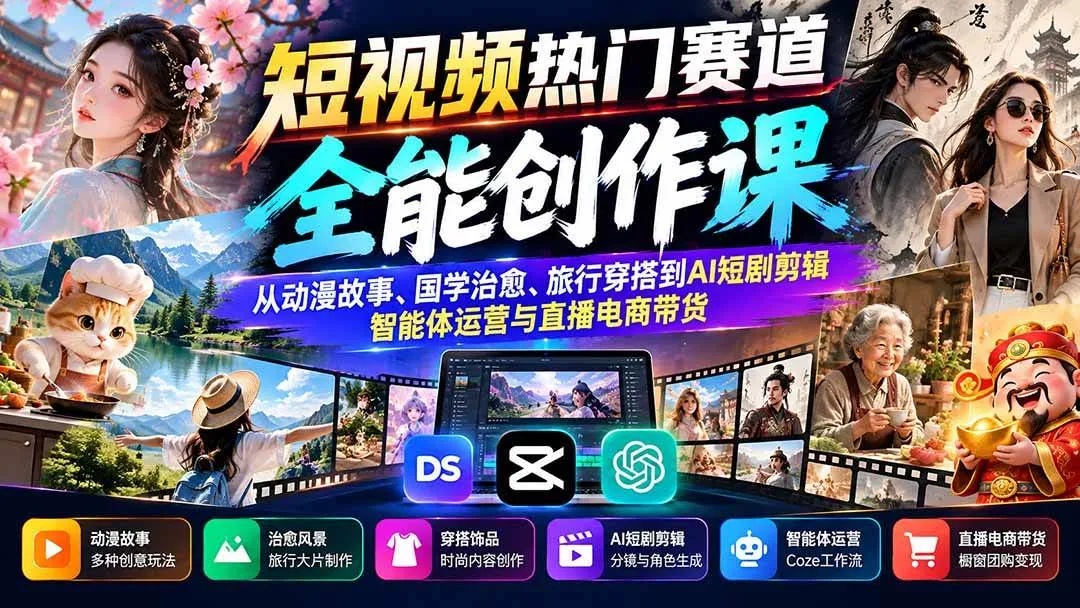 (20956期)短视频热门赛道全能创作课:从动漫故事、国学治愈、旅行穿搭到AI短剧剪辑、智能体运营与直播电商带货-33资源网