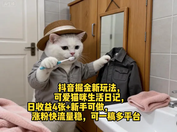 抖音掘金新玩法，可爱猫咪生活日记，日收益4张+新手可做，涨粉快流量稳，可一稿多平台-33资源网