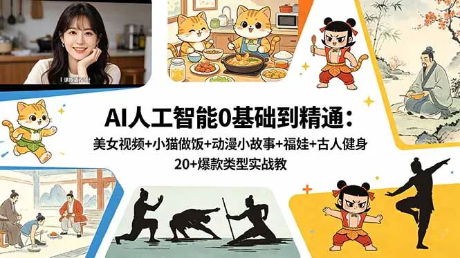 AI人工智能0基础到精通：美女视频+小猫做饭+动漫小故事+福娃+古人健身，20+爆款类型实战教学-33资源网