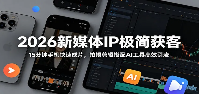 2026新媒体IP极简获客：15分钟手机快速成片，拍摄剪辑搭配AI工具高效引流-33资源网