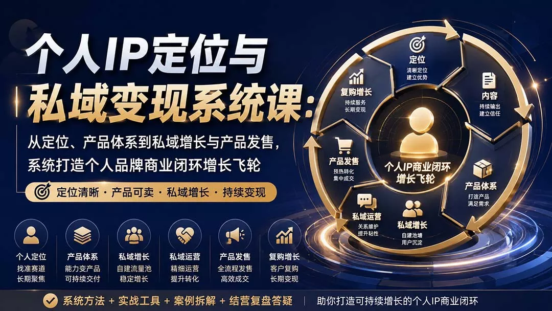 个人IP定位与私域变现系统课:从定位、产品体系到私域增长与产品发售,系统打造个人品牌商业闭环增长飞轮-33资源网
