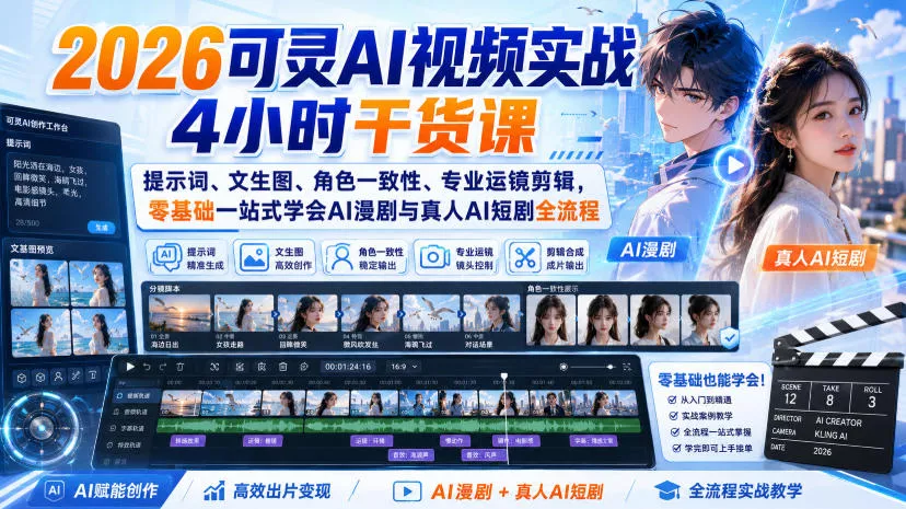 2026可灵AI视频实战4小时干货课|提示词、文生图、角色一致性、专业运镜剪辑,零基础一站式学会AI漫剧与真人AI短剧全流程-33资源网