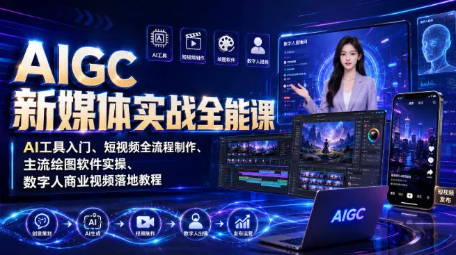 AIGC新媒体实战全能课｜AI工具入门、短视频全流程制作、主流绘图软件实操、数字人商业视频落地教程-33资源网