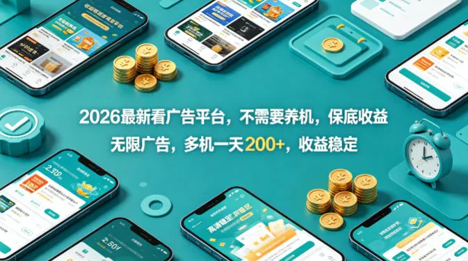 2026最新看广告平台，不需要养机，保底收益，无限广告，多机一天200+，收益稳定【揭秘】-33资源网