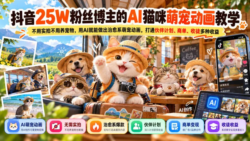 抖音25W粉丝博主的AI猫咪萌宠动画教学，不用实拍不用养宠物，用AI就能做出治愈系萌宠动画，打通伙伴计划、商单、收徒多种收益-33资源网