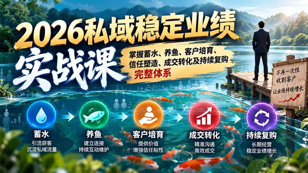 2026私域稳定业绩实战课：掌握蓄水、养鱼、客户培育、信任塑造、成交转化及持续复购完整体系-33资源网