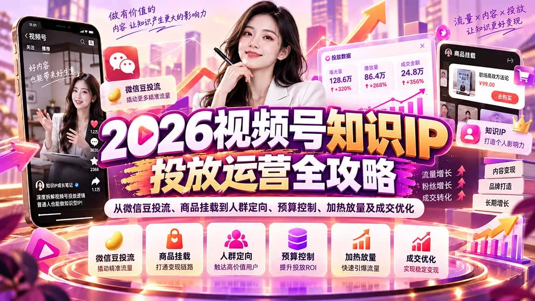 2026视频号知识IP投放运营全攻略:从微信豆投流、商品挂载到人群定向、预算控制、加热放量及成交优化-33资源网