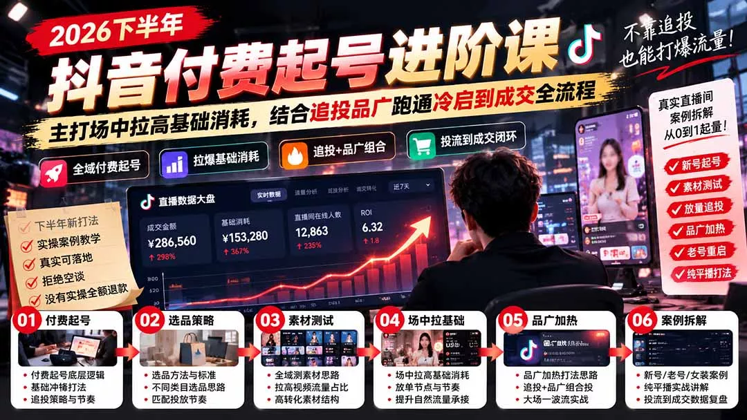 2026下半年抖音付费起号进阶课：主打场中拉高基础消耗，结合追投品广跑通冷启到成交全流程-33资源网