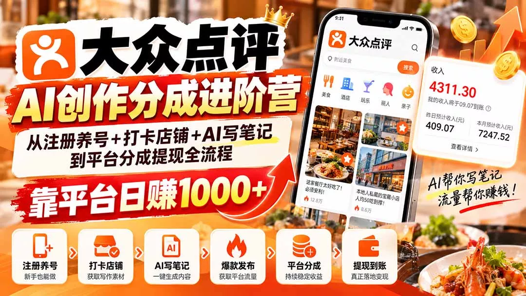 大众点评AI创作分成进阶营:从注册养号+打卡店铺+AI写笔记到平台分成提现全流程,靠平台日赚1000+-33资源网