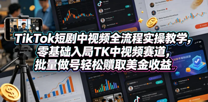 TikTok短剧中视频全流程实操教学，零基础入局TK中视频赛道，批量做号轻松賺取美金收益-33资源网