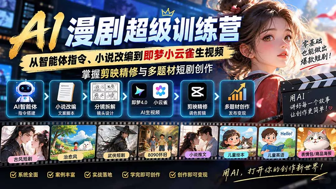 AI漫剧超级特训营:从智能体指令、小说改编到即梦小云雀生视频,掌握剪映精修与多题材短剧创作-33资源网