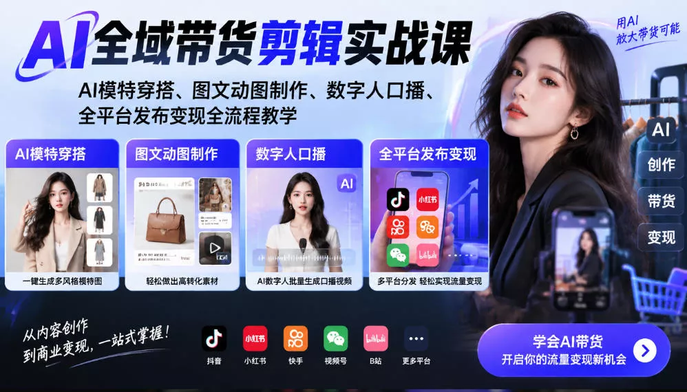 AI全域带货剪辑实战课|AI模特穿搭、图文动图制作、数字人口播、全平台发布变现全流程教学-33资源网