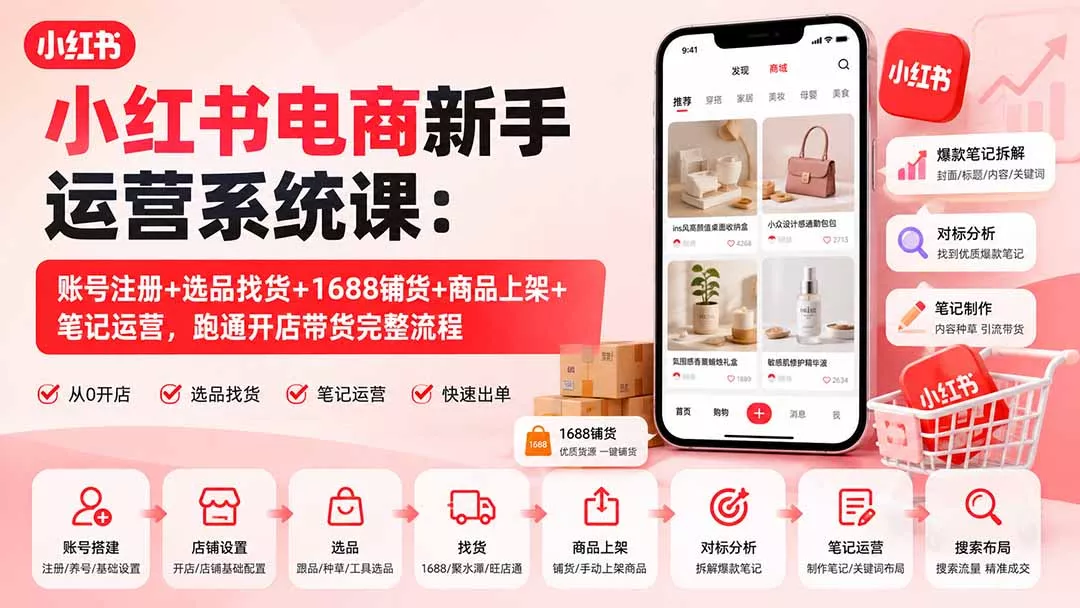 小红书电商新手运营系统课：账号注册+选品找货+1688铺货+商品上架+笔记运营，跑通开店带货完整流程-33资源网