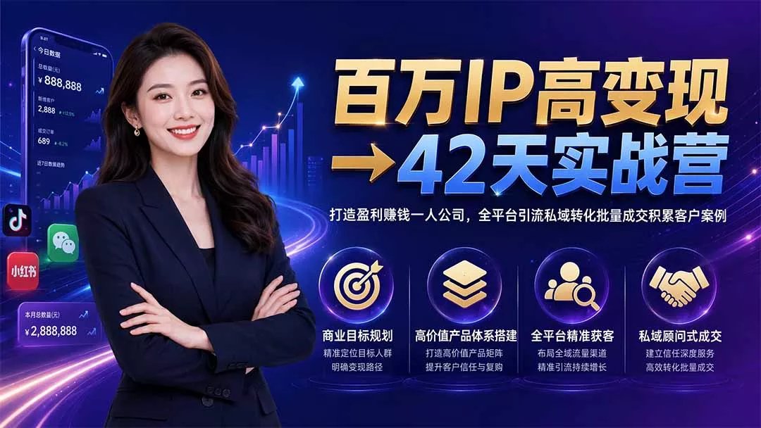 百万IP高变现→42天实战营|打造盈利赚钱一人公司,全平台引流私域转化批量成交积累客户案例-33资源网