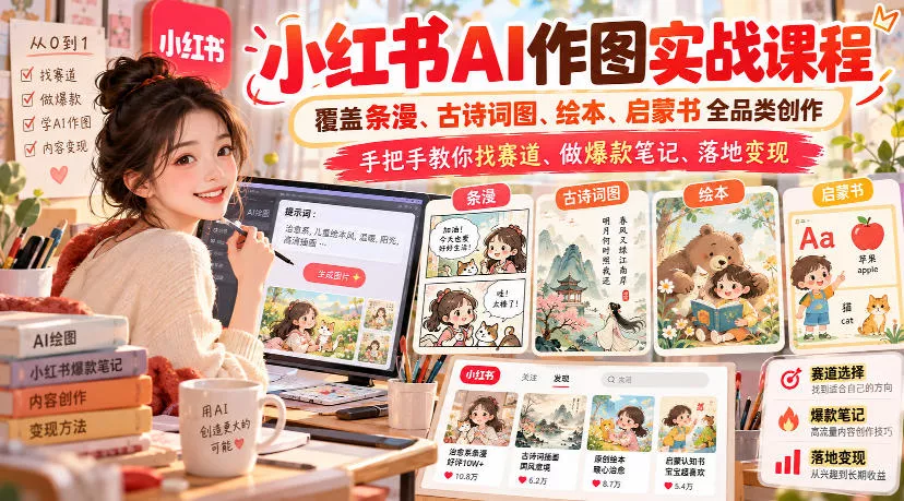 小红书AI作图实战课程,覆盖条漫、古诗词图、绘本、启蒙书全品类创作,手把手教你找赛道、做爆款笔记、落地变现(更新1009) 小红书AI作图实战课程,覆盖条漫、古诗词图、绘本、启蒙书全品类创作,手把手教你找赛道、做爆款笔记、落地变现(更新1009)