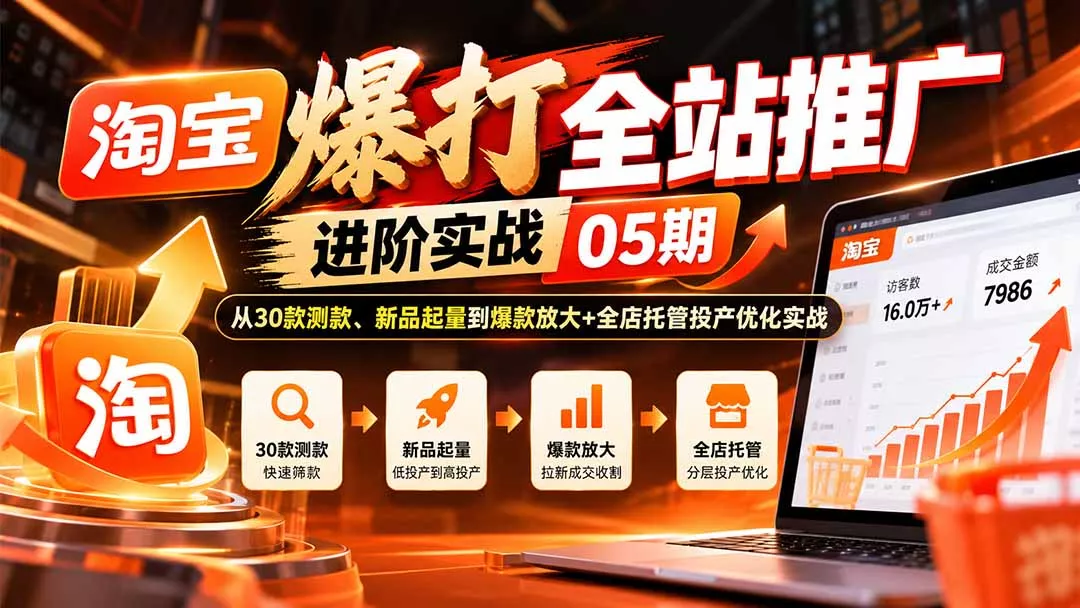 淘宝爆打全站推广进阶实战05期:从30款测款、新品起量到爆款放大+全店托管投产优化实战-33资源网