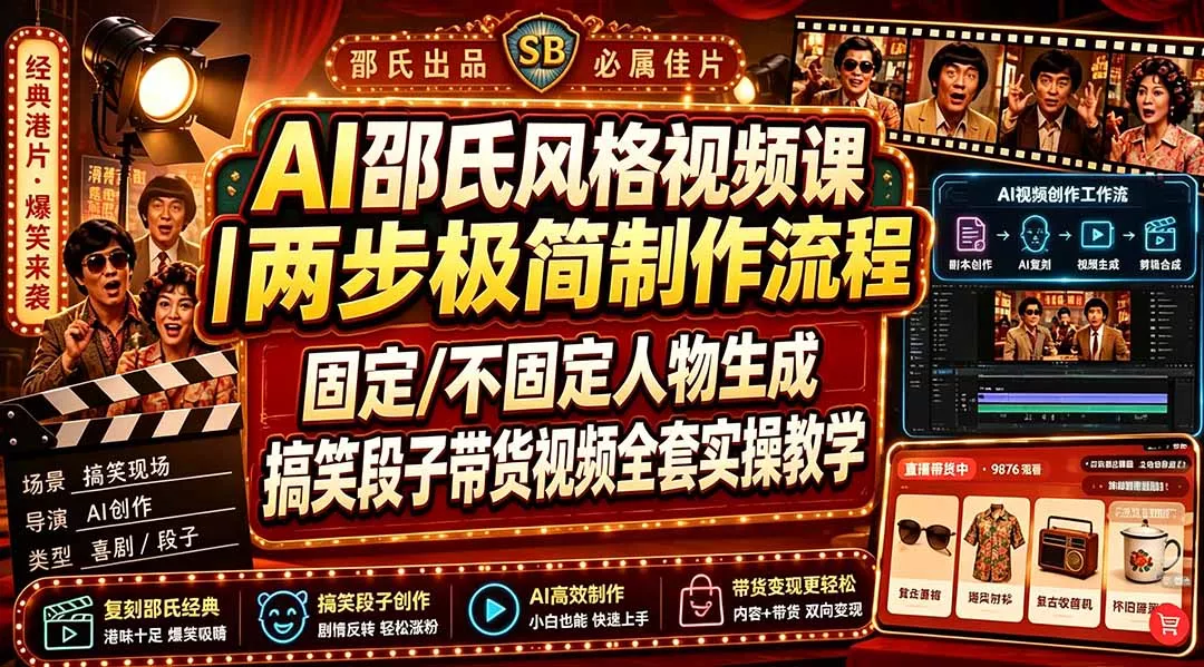 AI邵氏风格视频课|两步极简制作流程,固定/不固定人物生成,搞笑段子带货视频全套实操教学-33资源网