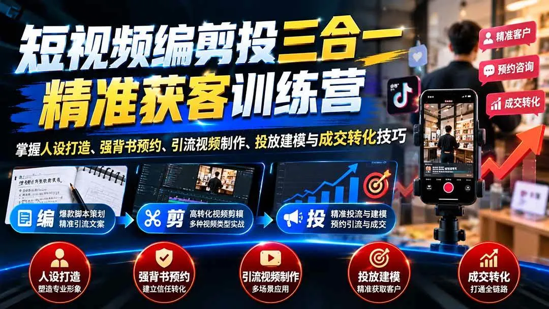 (20910期)短视频编剪投三合一精准获客训练营:掌握人设打造、强背书预约、引流视频制作、投放建模与成交转化技巧-33资源网