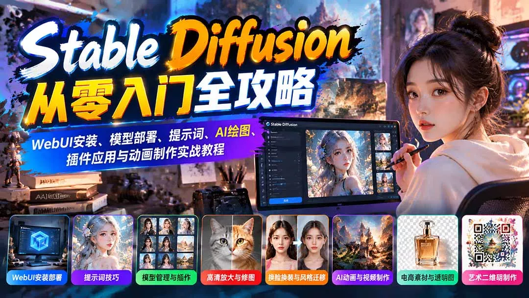 Stable Diffusion从零入门全攻略:WebUI安装、模型部署、提示词、AI绘图、插件应用与动画制作实战教程 Stable Diffusion从零入门全攻略:WebUI安装、模型部署、提示词、AI绘图、插件应用与动画制作实战教程