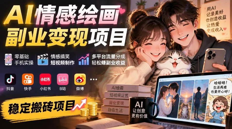 AI情感绘画副业变现项目|零基础手机实操,情感搞笑短视频制作,多平台流量分成轻松賺副业收益-33资源网