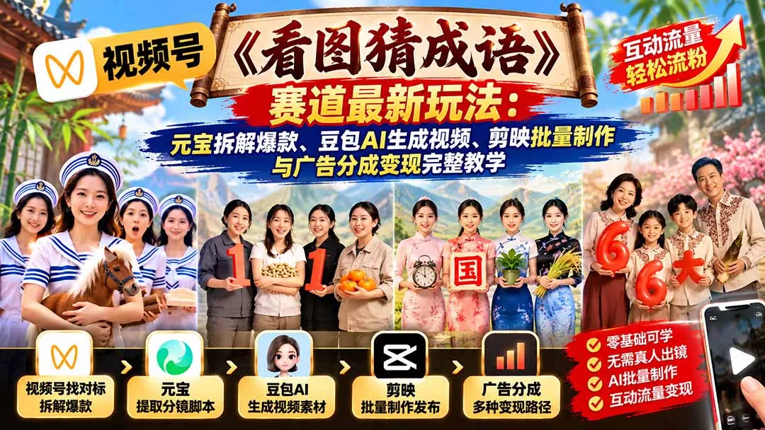 视频号《看图猜成语》赛道最新玩法:元宝拆解爆款、豆包AI生成视频、剪映批量制作与广告分成变现完整教学 视频号《看图猜成语》赛道最新玩法:元宝拆解爆款、豆包AI生成视频、剪映批量制作与广告分成变现完整教学