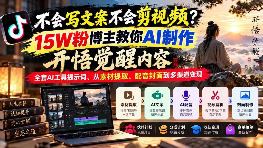 不会写文案不会剪视频?15W粉博主教你AI制作开悟觉醒内容,全套AI工具提示词、从素材提取、配音封面到多渠道变现-33资源网