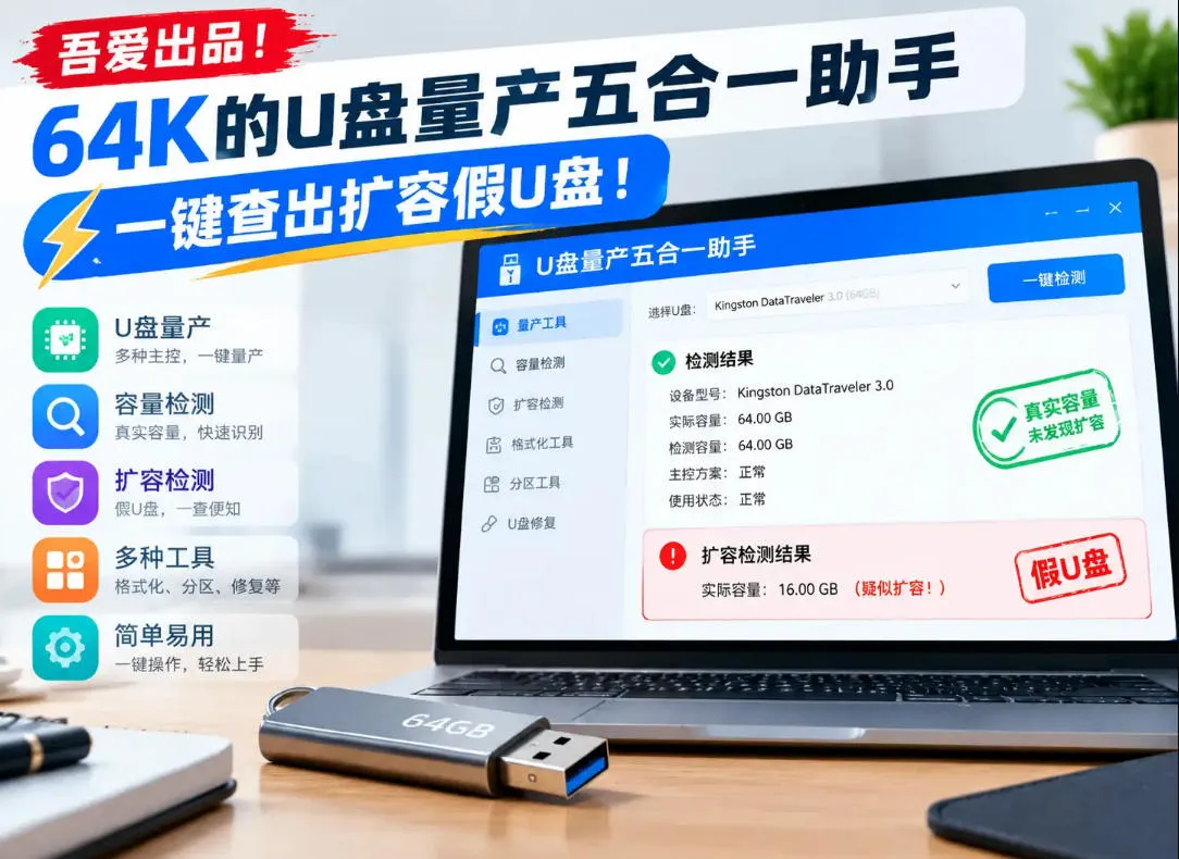 吾爱出品！64K的U盘量产五合一助手，一键查出扩容假U盘！-33资源网