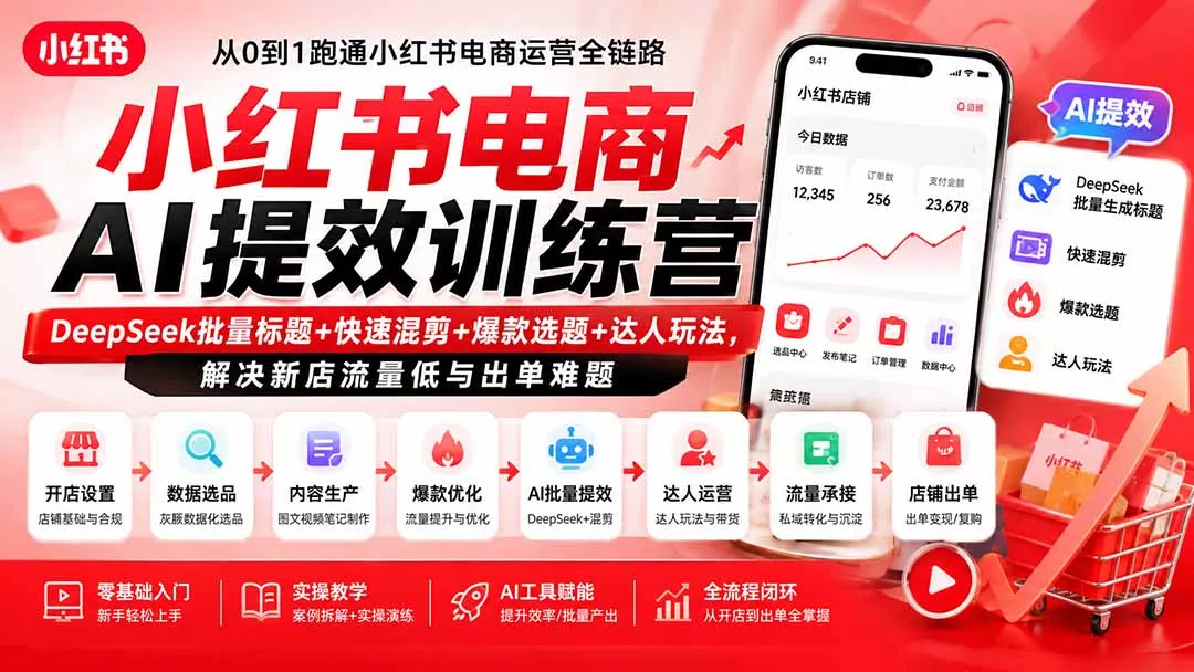 小红书电商AI提效训练营—DeepSeek批量标题+快速混剪+爆款选题+达人玩法，解决新店流量低与出单难题-33资源网