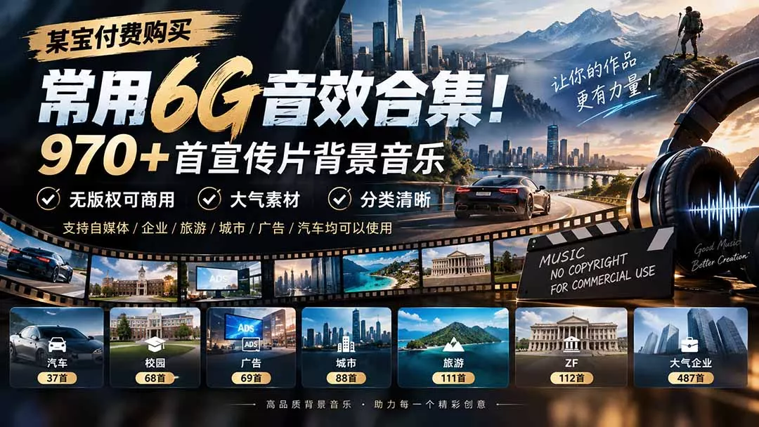 某宝付费购买，常用6G音效合集！970+首宣传片背景音乐，无版权可商用大气素材，分类清晰-33资源网