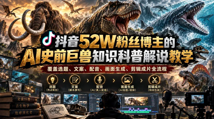 抖音52W粉丝博主的AI史前巨兽知识科普解说教学,覆盖选题、文案、配音、画面生成、剪辑成片全流程-33资源网
