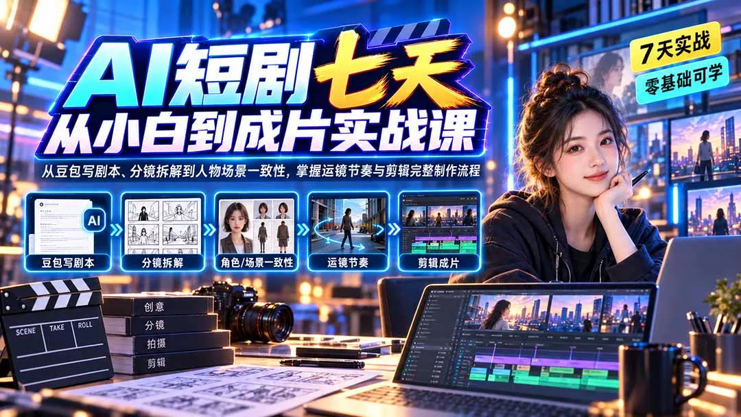 AI短剧七天从小白到成片实战课：从豆包写剧本、分镜拆解到人物场景一致性，掌握运镜节奏与剪辑完整制作流程-33资源网