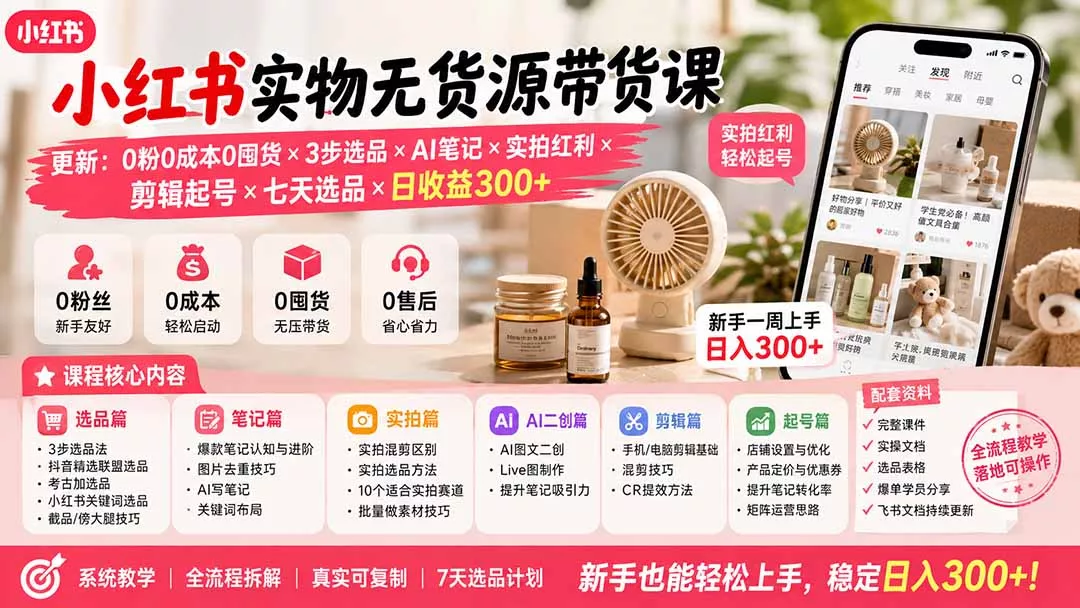 小红书实物无货源带货课-更新：0粉0成本0囤货×3步选品×AI笔记×实拍红利×剪辑起号×七天选品×日收益300+-33资源网