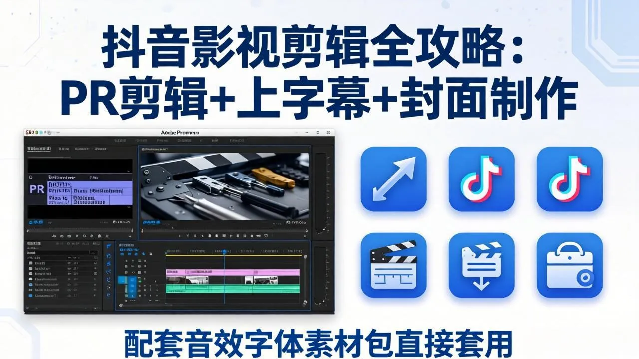 抖音影视剪辑全攻略：PR剪辑+上字幕+封面制作，配套音效字体素材包直接套用-33资源网