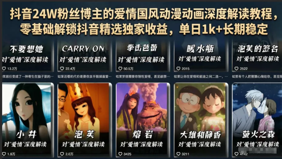 抖音24W粉丝博主的爱情国风动漫动画深度解读教程,零基础解锁抖音精选独家收益,单日1k+长期稳定-33资源网