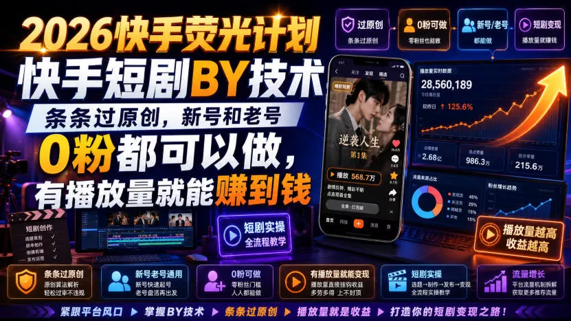 2026快手荧光计划,快手短剧搬运技术,条条过原创,新号和老号0粉都可以做,有播放量就能賺到钱-33资源网