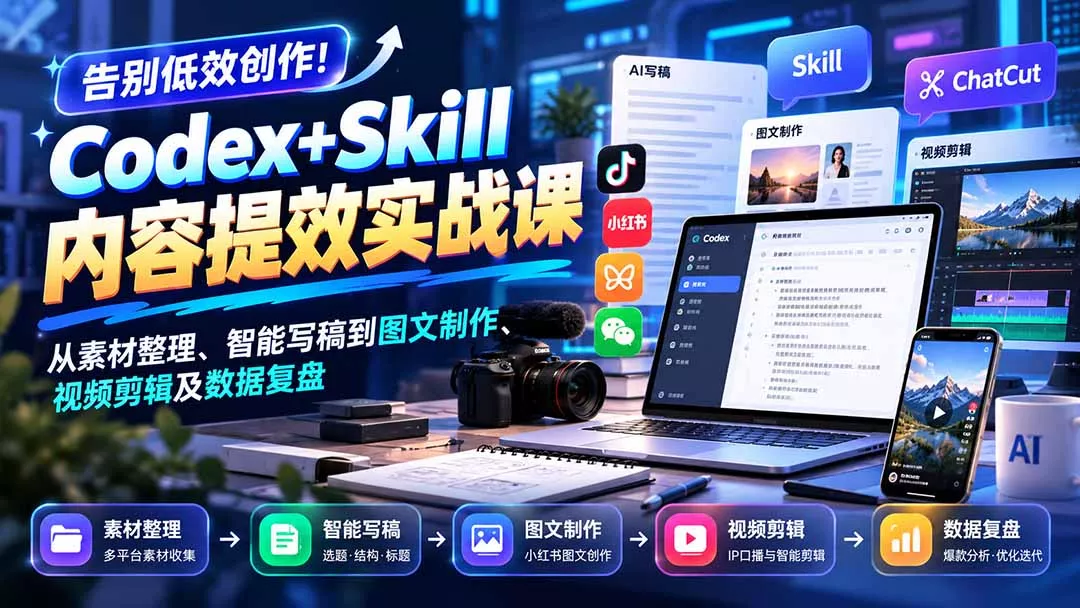 【无水印】告别低效创作!Codex+Skill内容提效实战课:从素材整理、智能写稿到图文制作、视频剪辑及数据复盘-33资源网