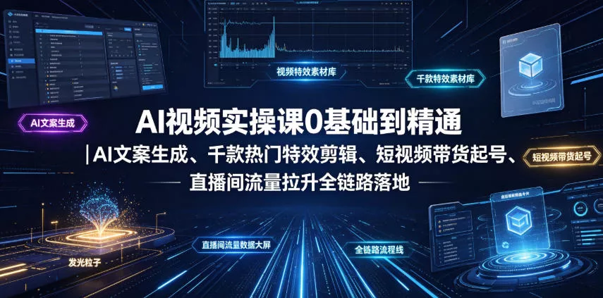 AI视频实操课0基础到精通|AI文案生成、千款热门特效剪辑、短视频带货起号、直播间流量拉升全链路落地-33资源网