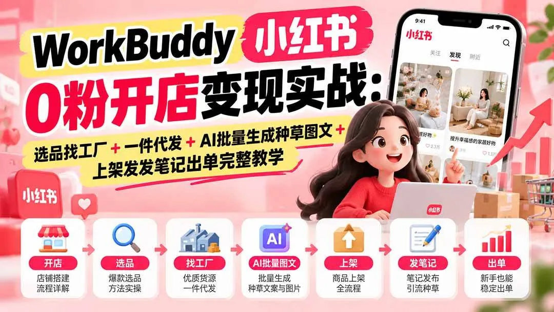(20801期)WorkBuddy小红书0粉开店变现实战:选品找工厂+一件代发+AI批量生成种草图文+上架发发笔记出单完整教学 (20801期)WorkBuddy小红书0粉开店变现实战:选品找工厂+一件代发+AI批量生成种草图文+上架发发笔记出单完整教学