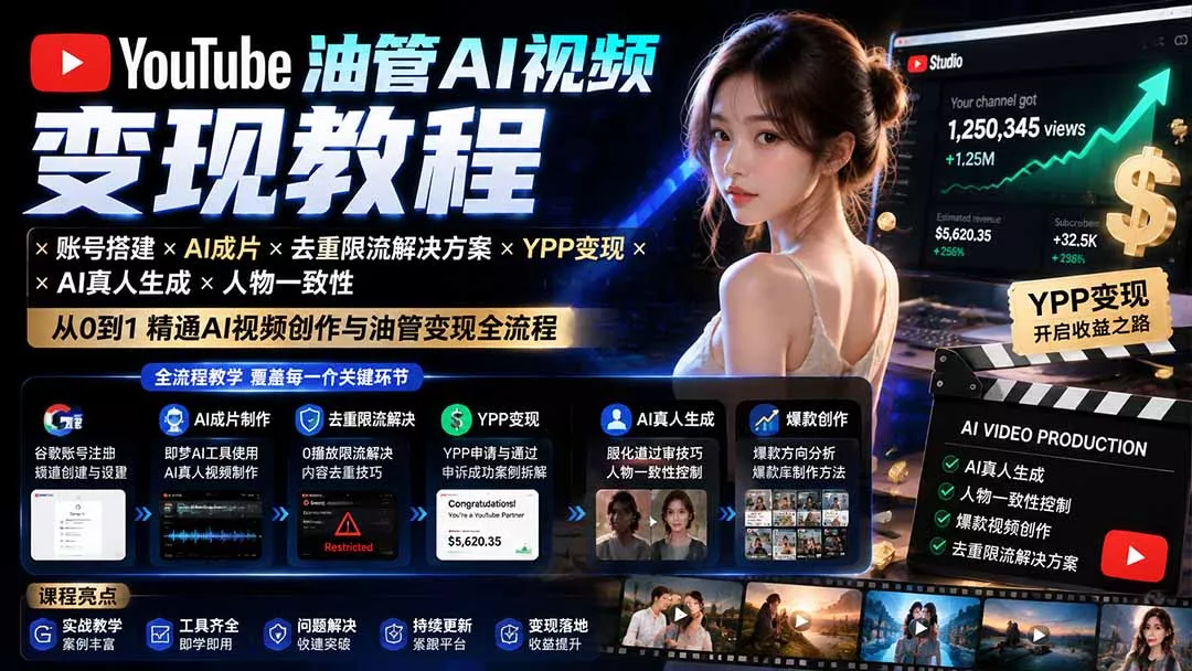 YouTube油管AI视频变现教程-更新:账号搭建×AI成片×去重限流解决方案×YPP变现×AI真人生成×人物一致性 YouTube油管AI视频变现教程-更新:账号搭建×AI成片×去重限流解决方案×YPP变现×AI真人生成×人物一致性