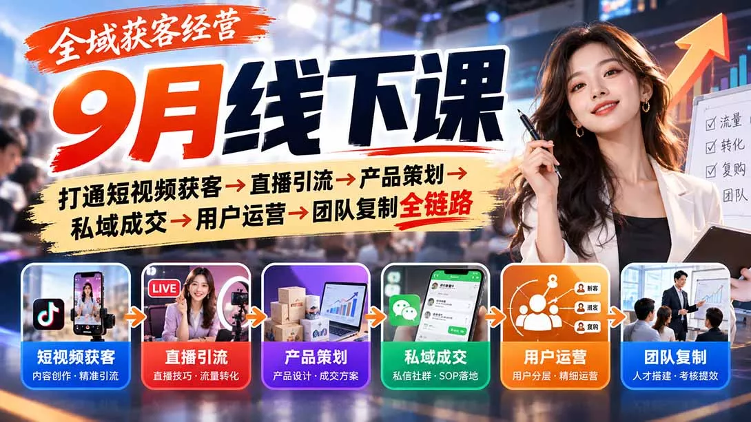 全域获客经营9月线下课:打通短视频获客→直播引流→产品策划→私域成交→用户运营→团队复制全链路-33资源网
