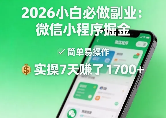 2026小白必做副业：微信小程序掘金，简单易操作，实操7天賺了1700+【揭秘】-33资源网