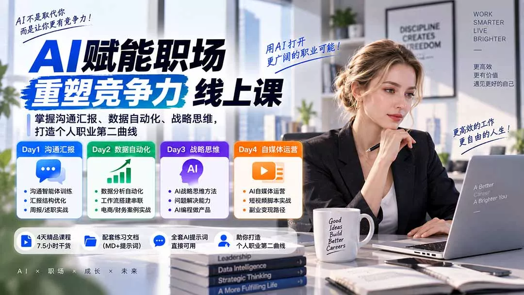 AI职场提效与第二曲线实战课-无水印：学习沟通汇报、数据工作流和战略思维，掌握AI编程做产品及自媒体运营方法-33资源网