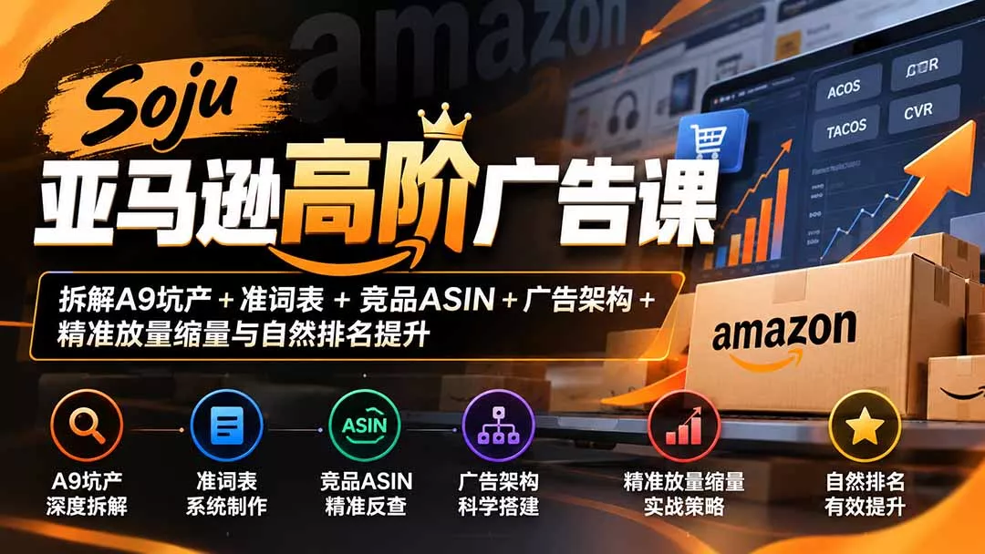 Soju亚马逊高阶广告课:拆解A9坑产+准词表+竞品ASIN+广告架构+精准放量缩量与自然排名提升-33资源网