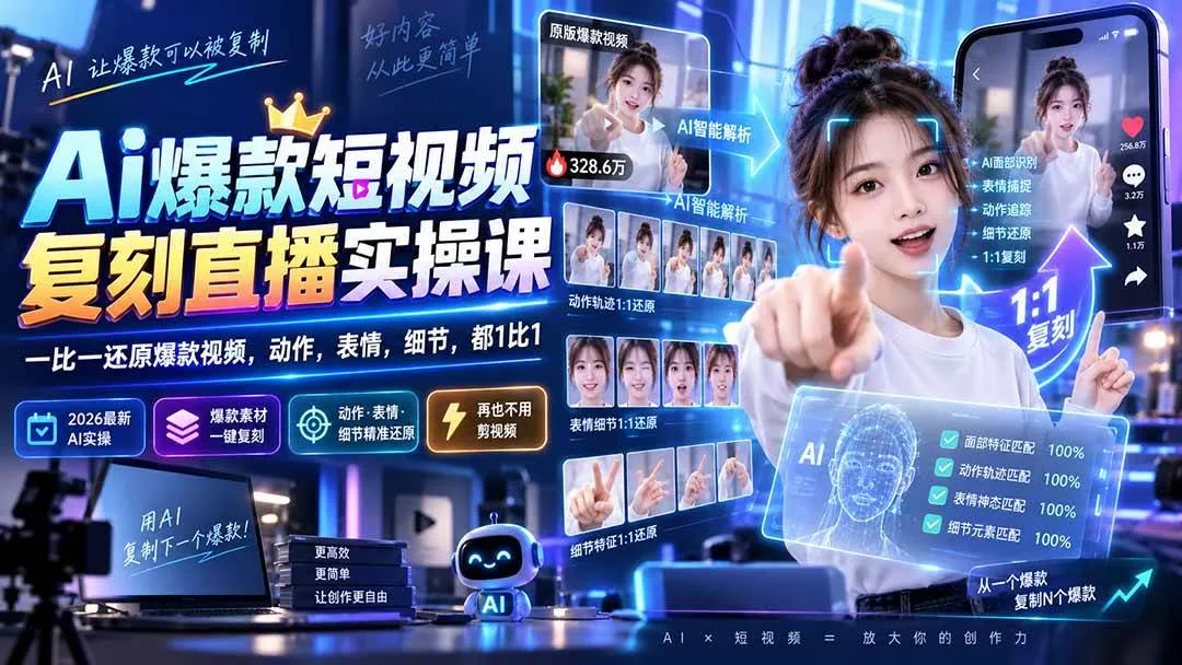 （20304期）最新Ai爆款短视频复刻直播实操课，一比一还原爆款视频，动作，表情，细节，都1比1-33资源网