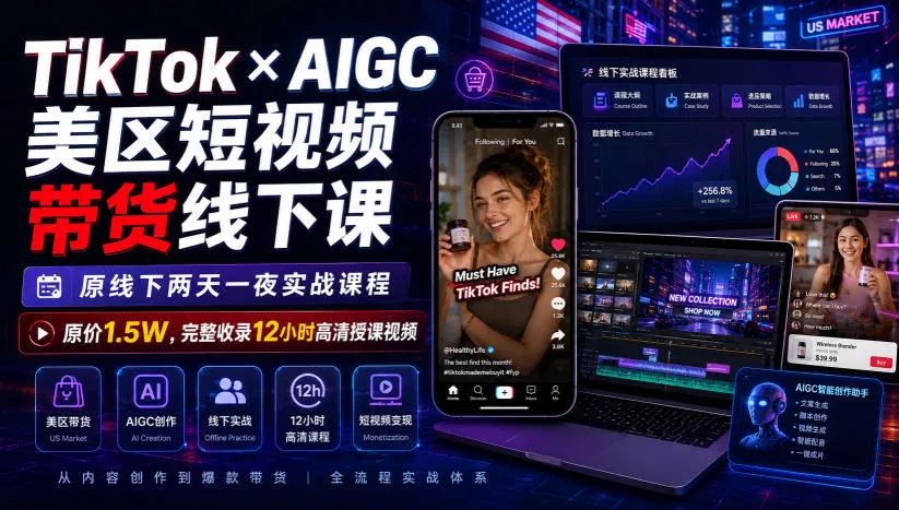 TikTok×AIGC美区短视频带货线下课,原线下两天一夜实战课程,原价1.5W,完整收录12小时高清授课视频-33资源网