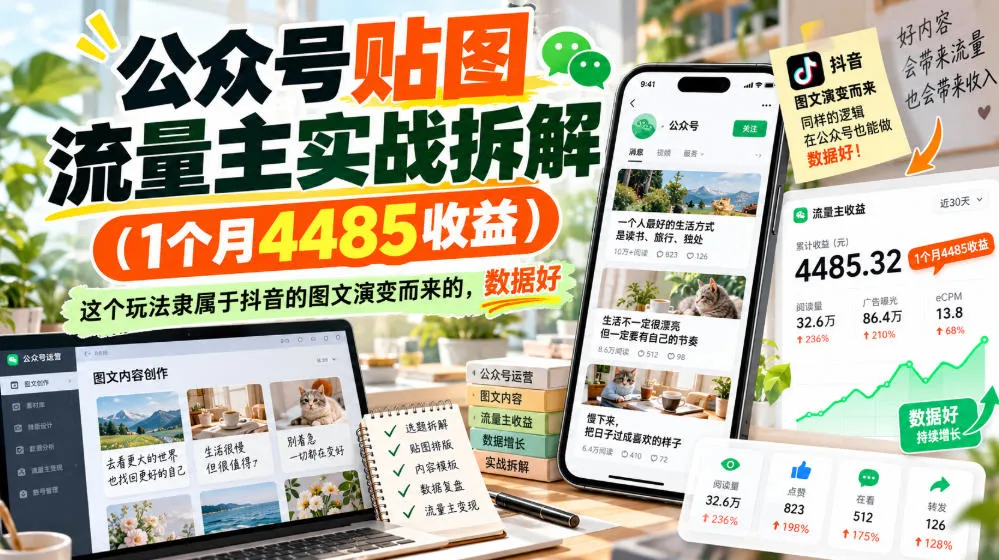 公众号贴图流量主实战拆解(1个月4485收益)，这个玩法隶属于抖音的图文演变而来的，数据好-33资源网