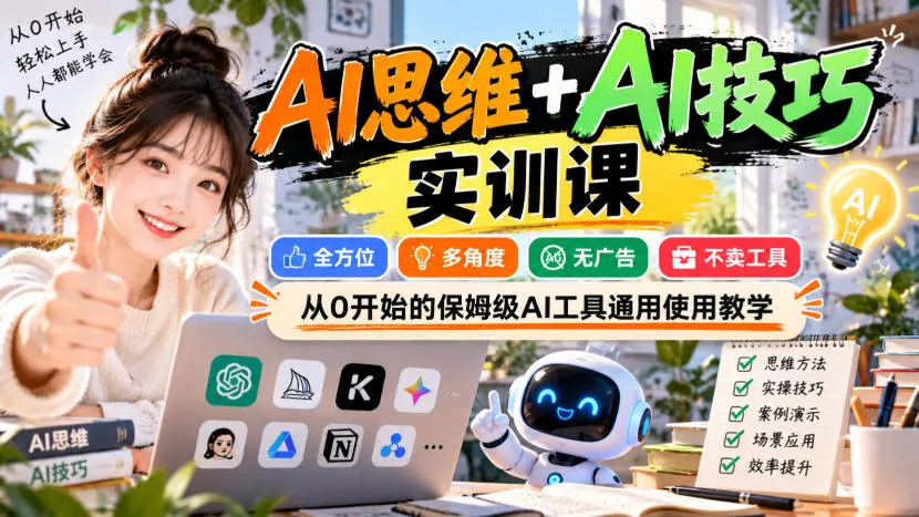 【无水印】AI思维+AI技巧实训课,全方位、多角度、无广告、不卖工具,从0开始的保姆级AI工具通用使用教学-33资源网