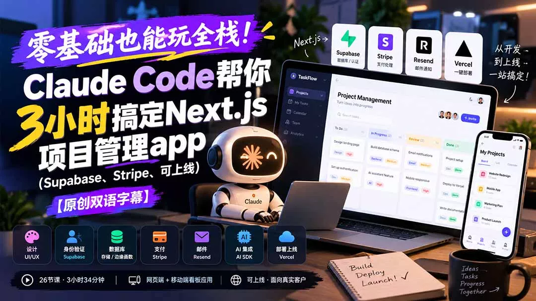 零基础也能玩全栈!Claude Code帮你3小时搞定Next.js项目管理app(Supabase、Stripe、可上线-33资源网